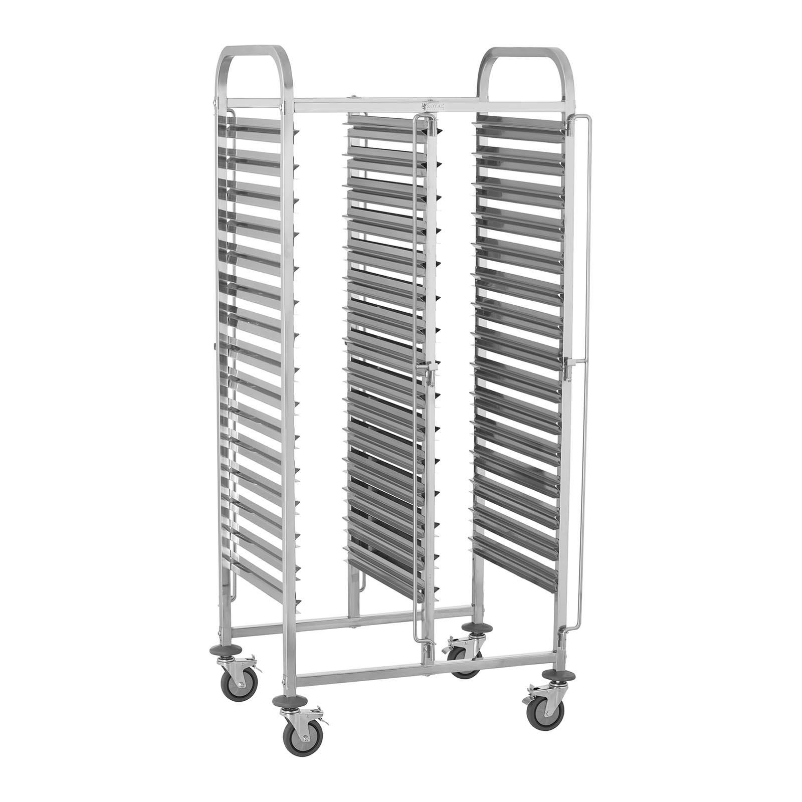 Dvojitý vozík na tácky - ušľachtilá oceľ - pre 30 x GN 1/1 - pozdĺžne vkladanie - 300 kg - 4 bezpečnostné tyče - Royal Catering