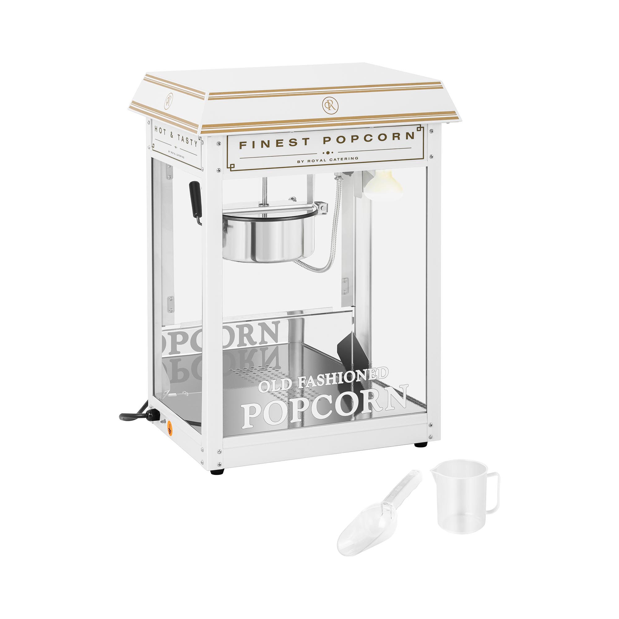 Stroj na popcorn - 1500 W - 5 kg/h - biely a zlatý - Royal Catering
