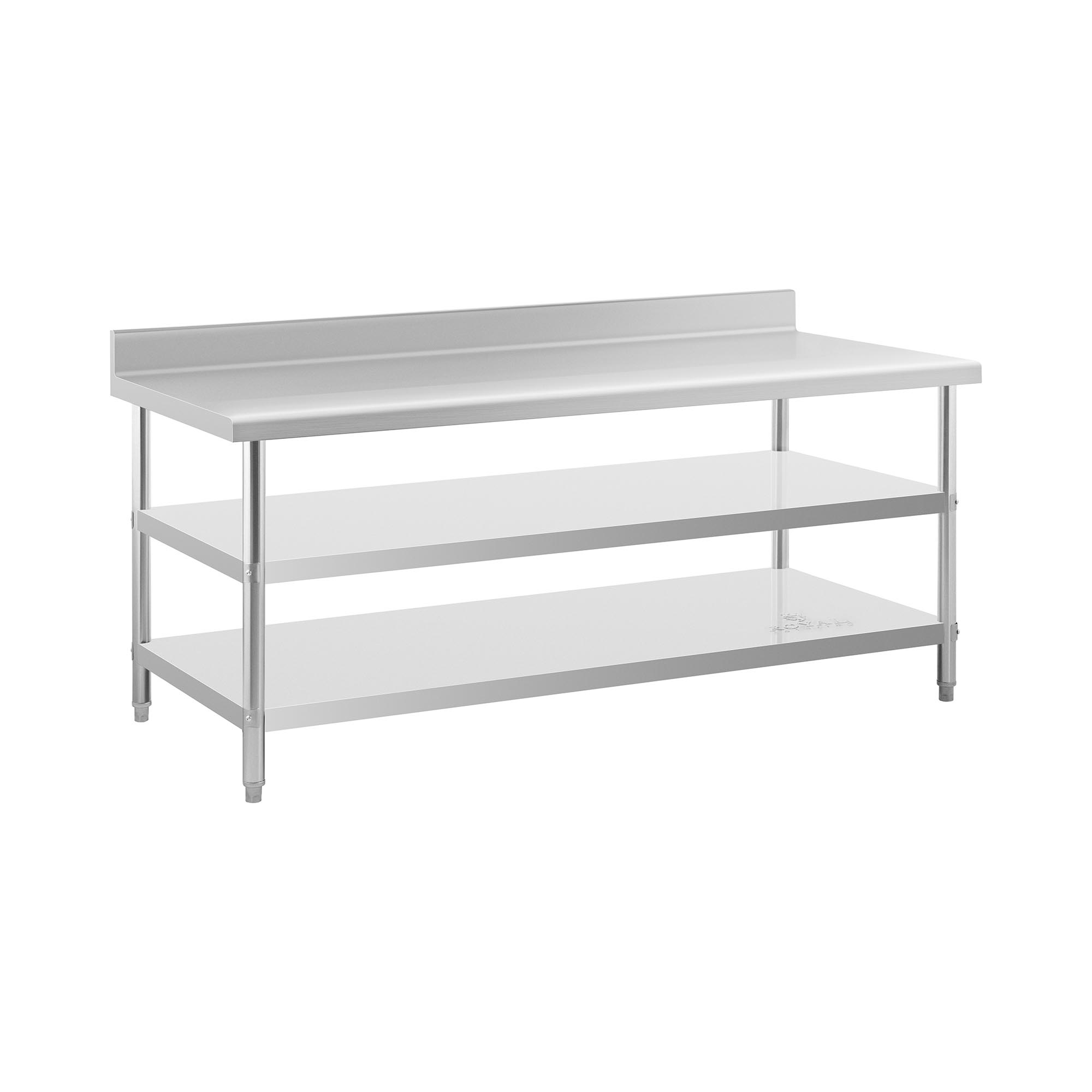 Pracovný stôl z nehrdzavejúcej ocele - s lemom - 200 x 90 x 16,5 cm - 240 kg - 2 police