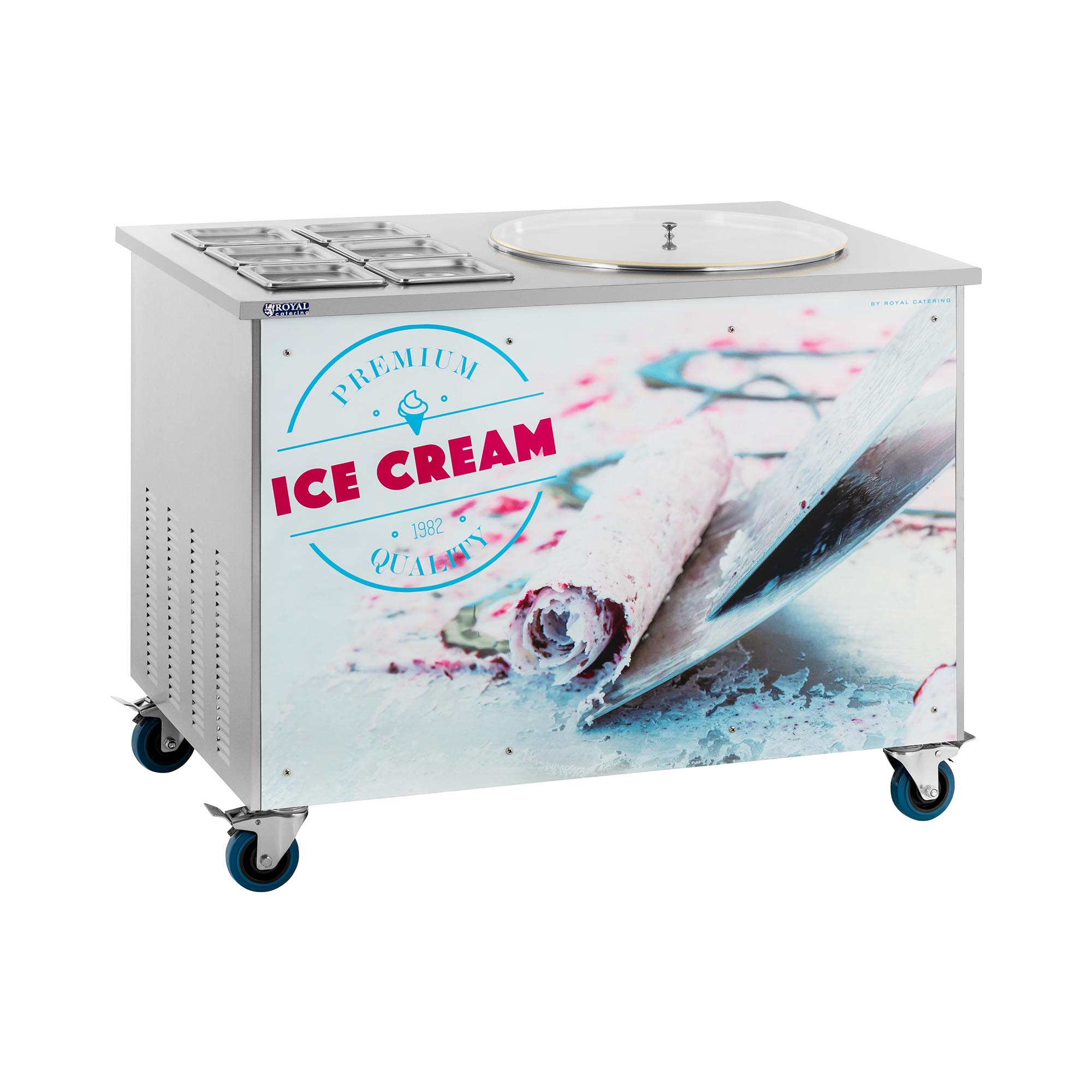 Stroj na rolovanou zmrzlinu - thajská zmrzlina - Ø 50 x 2,5 cm - 6 nádob s víky - Royal Catering RCF